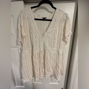 Torrid Babydoll Crinkle Gauze Crochet w/ Inset Lace-Up V-neck Striped Top; 3